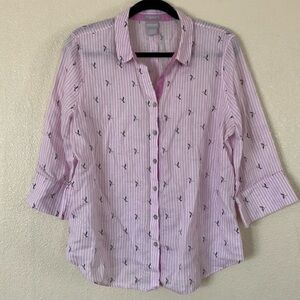 Chico's Novelty Hummingbird Print Linen Button Down Top, 12/L
